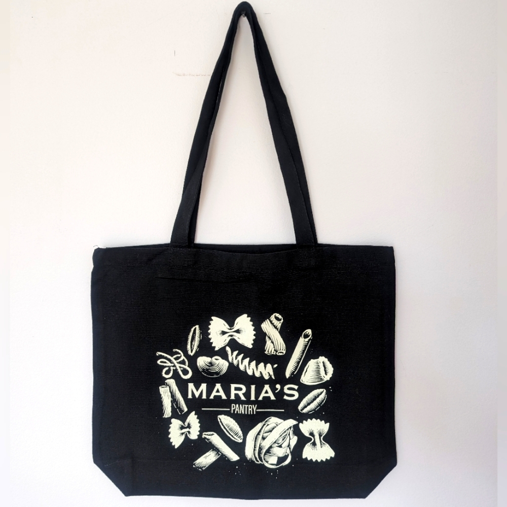 Maria's Pantry Black Canvas Tote Bag Logo with Pasta Shapes🍝